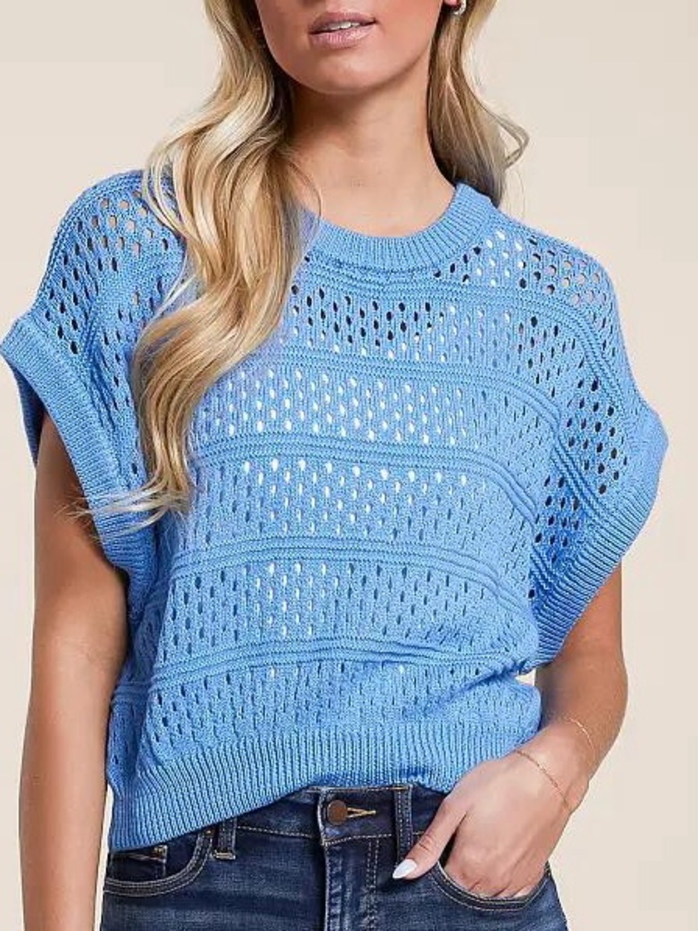 Buckle Willow & Root Blue Short Sleeve Crochet Open Knit Sweater